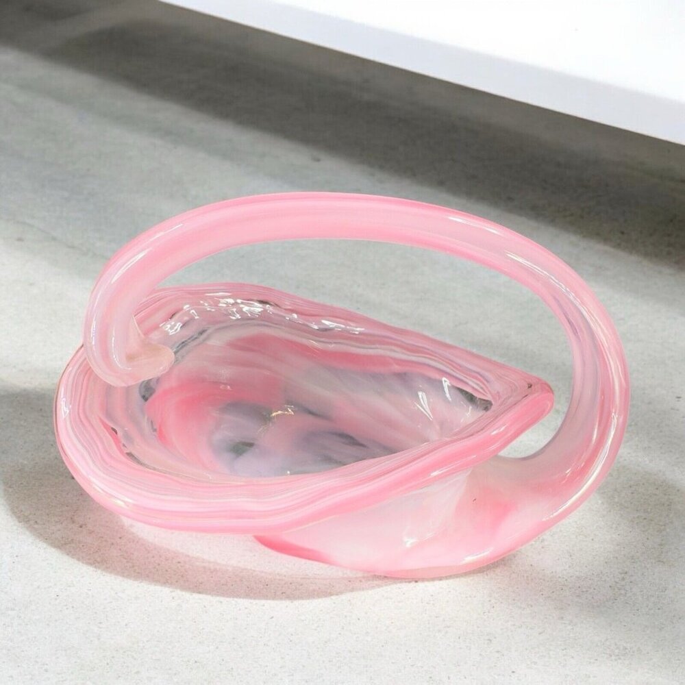 Vintage Sooner Glass Hand Made Pink Swirls Dish Bowl With Handle Basket Handmade